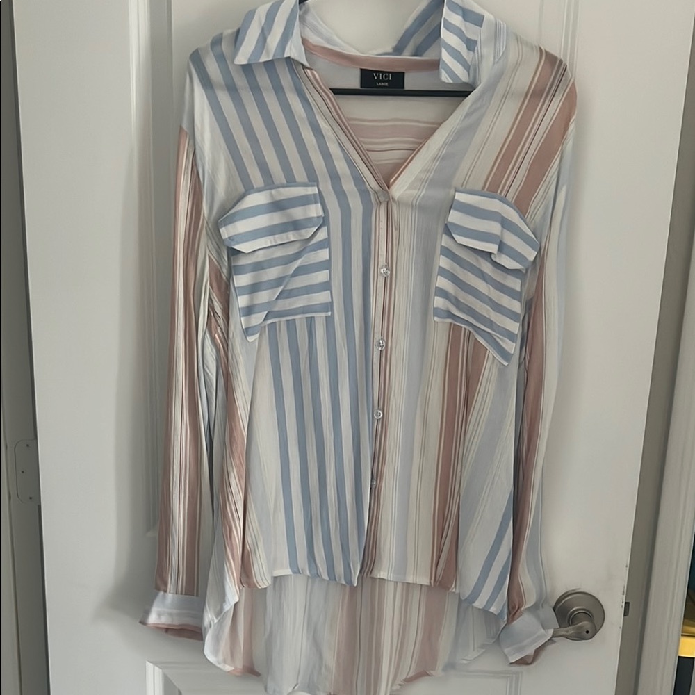 Vici Blue and White Button Down Shirt with Notched Collar
